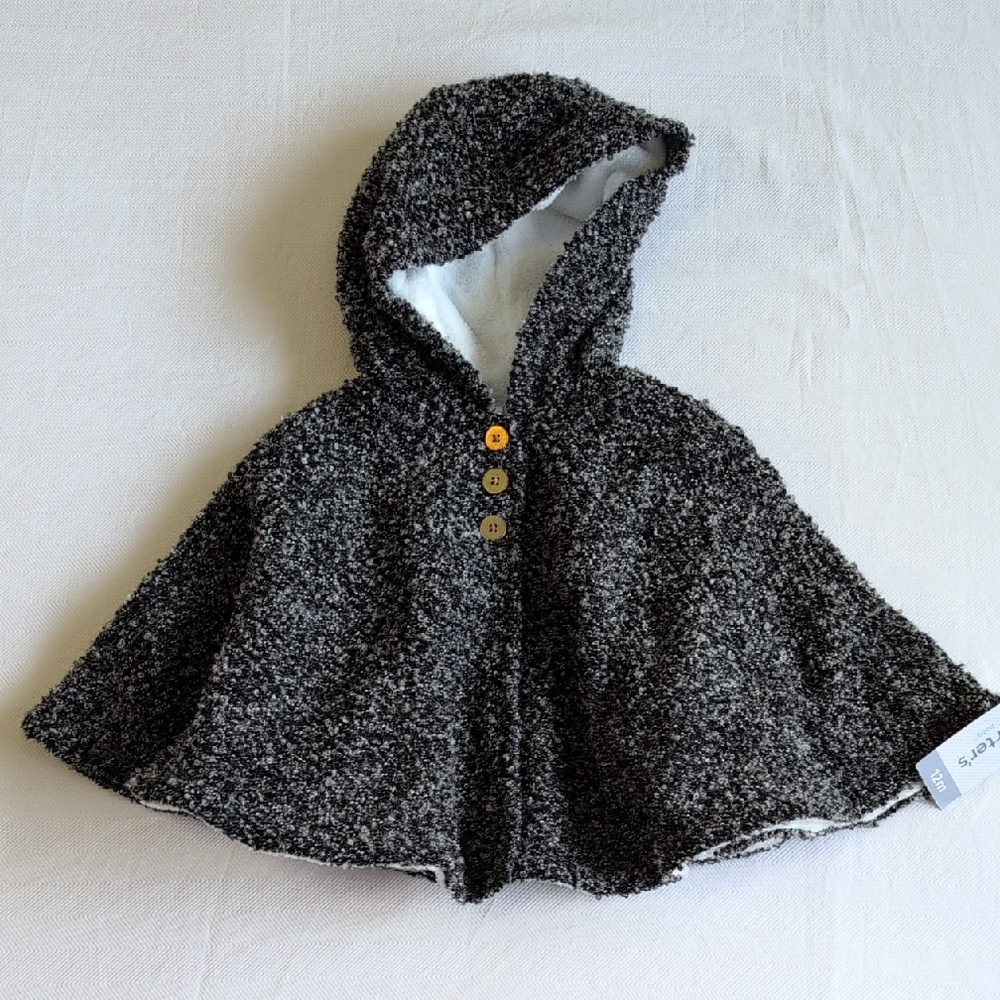 NWT carter's boucle knit capelet jacket fleece-lined gray 12 months baby girl